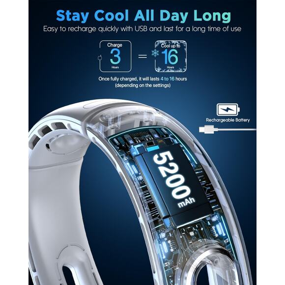Neck Bladeless Fan,, USB Rechargeable, 4 Speeds, Quiet, 5200 mAh Battery - Picture 3 of 8